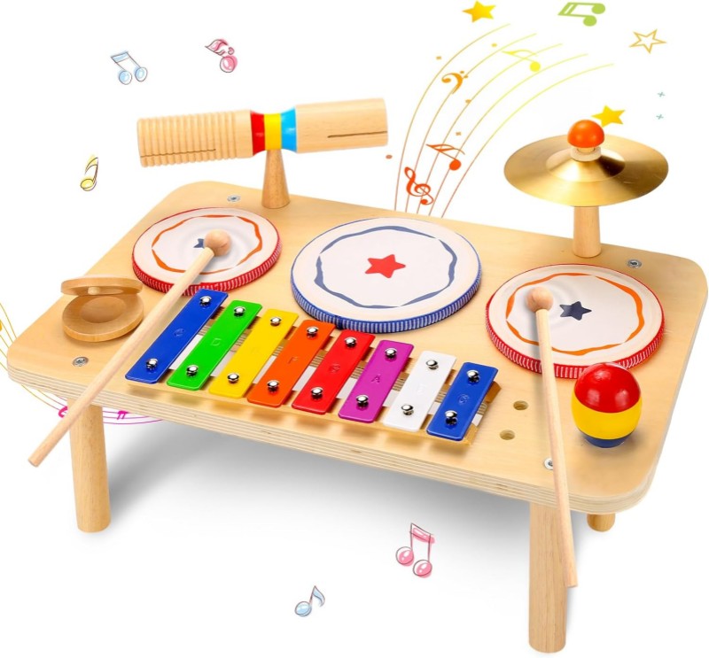 Kids Drum Set, Baby Musical Instruments Toys for Toddlers, 9 in 1 Wooden Xylophone Toddler Drum Set Percussion Instruments Musical Toys Birthday Gifts for Children Boys and Girls