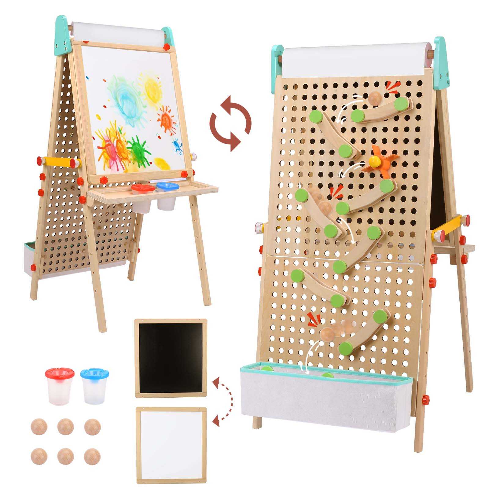 Kids Easel for Painting, Adjustable Magnetic Chalkboard Paint Easel,Wood Marble Run Kit Toy, Age 1-8