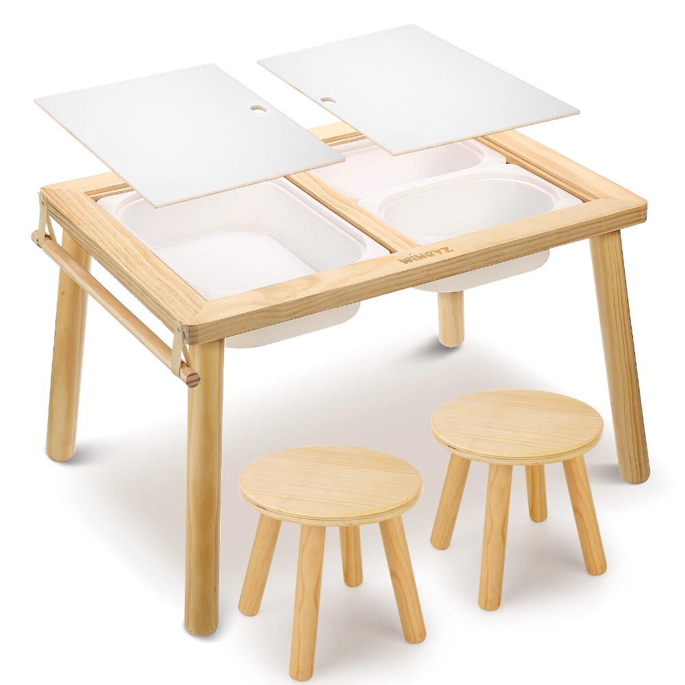 Kids Sensory Table Chairs, Wood Toddler Activity Table with Storage for Play Study Dining