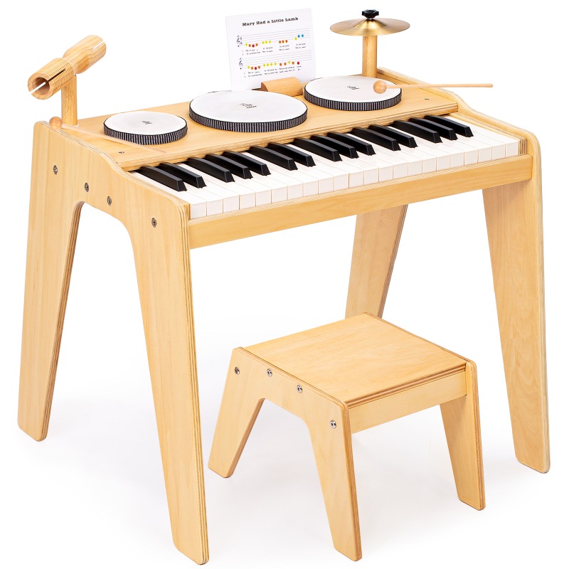 OATHX Kids Piano Keyboard, 37 Keys Digital Piano Toys with Drum Set and Stool, Volume Adjustable, 9 in 1 Musical Instruments for Kids Toddlers Baby Children, Wooden Mini Piano Gifts for Girls Boys 3+